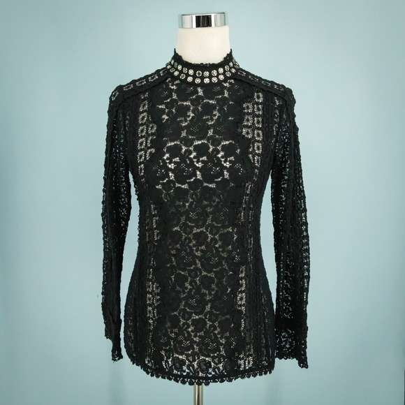 Rebecca Taylor Size 0 Black Floral Lace Studded Mock Neck Long Sleeve Top Blouse - Picture 1 of 6